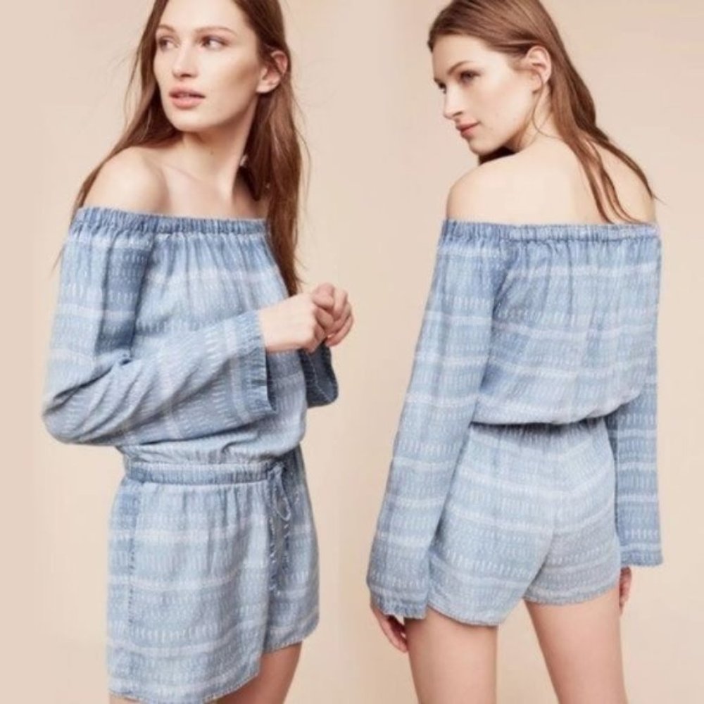 Anthropologie Cloth & Stone Chambray Off Shoulder Romper Boho Striped